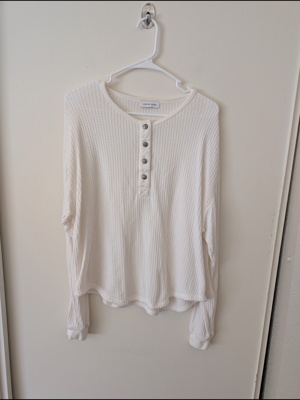 Anine Bing Womens Small White Waffle Long Sleeve Henley Top Minimalist Lounge